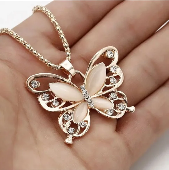 Rose Gold Opal Butterfly Pendant Necklace - Picture 3 of 6
